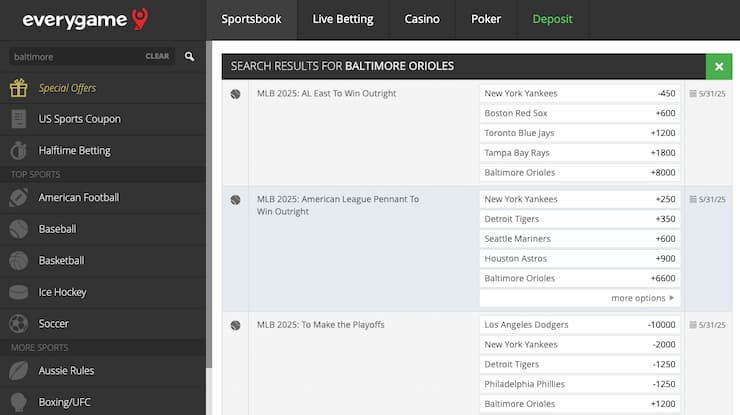 An image of the betting screen from Everygame, a popular online sportsbook in Maryland.